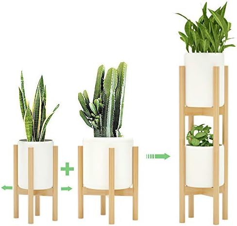 2 Pack Indoor Plant Stands, 2 Tier Tall Plant Stand 30 inches, Mid Century Bamboo Plant Stand, Ad... | Amazon (US)