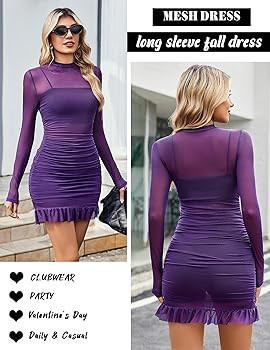 Avidlove Long Sleeve Dress for Women Bodycon Fall Sheer Mesh Dresses Mock Neck Ruched Party Clubw... | Amazon (US)