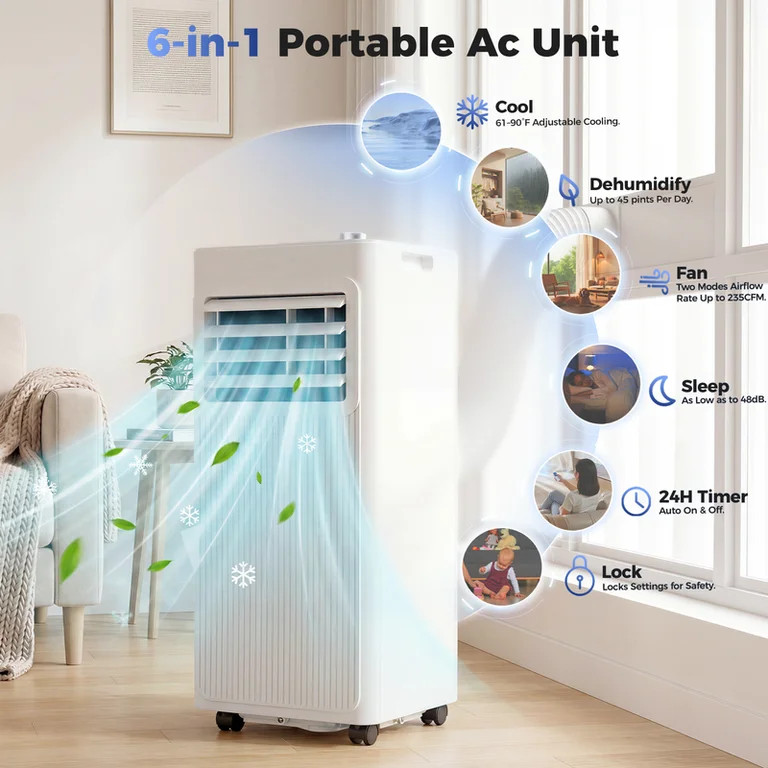 8000 BTU Portable Air Conditioner for Rooms Up to 350 Sq.Ft, 6-in-1 Portable AC Unit with Cooling... | Walmart (US)