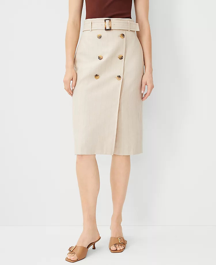 Pinstripe Belted Button Wrap Pencil Skirt | Ann Taylor (US)