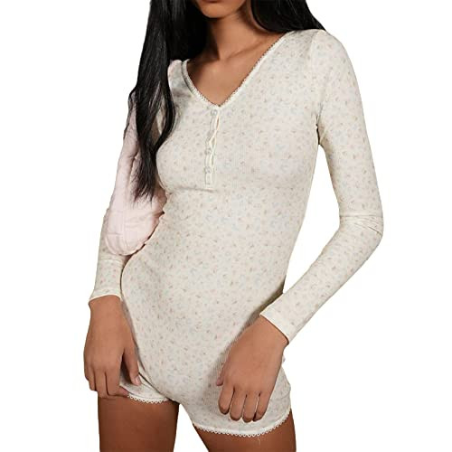 Y2k Long Sleeve One Piece Bodysuit V Neck Bodycon Floral Print Shorts Stretchy Pajama Playsuit Ro... | Amazon (US)