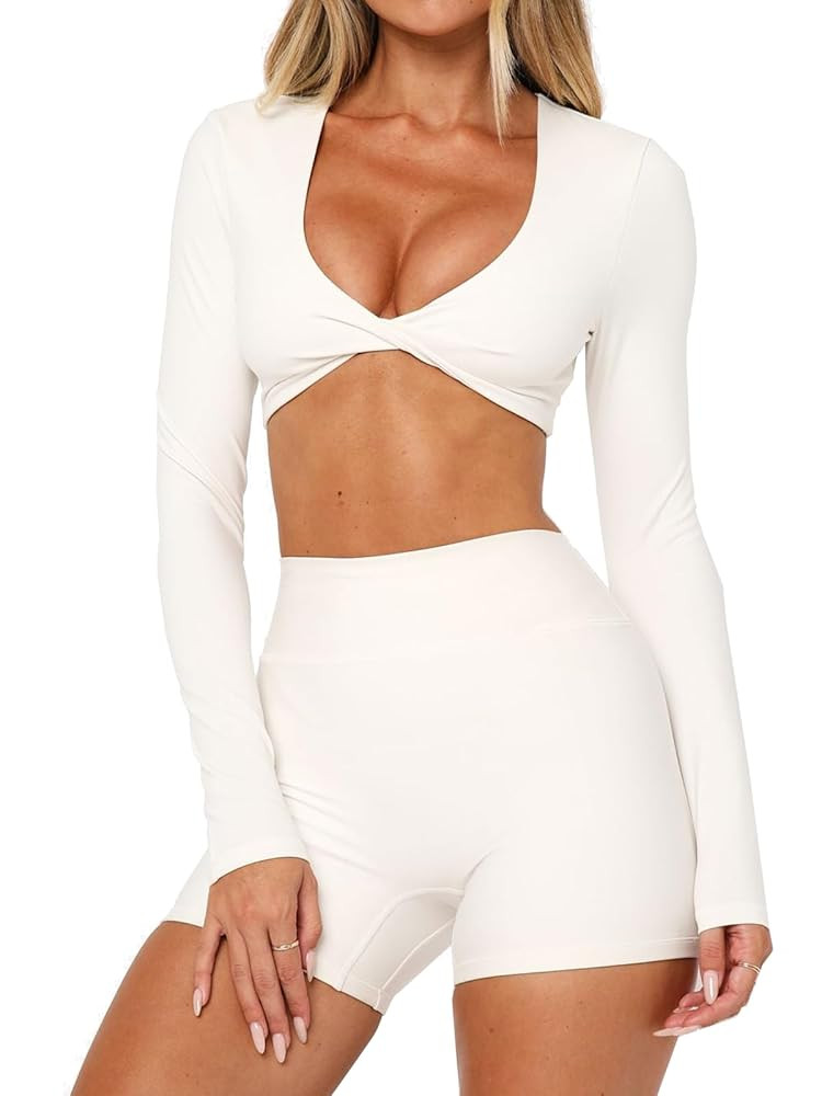 INFITTY Womens Long Sleeve Crop Workout Tops Double Lined Twist Deep V Neck T Shirts Yoga Athleti... | Amazon (US)