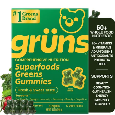 Gruns Adult Superfood Greens Gummies, with 60 Organic Ingredients, 21+ Vitamins & Minerals, Prebiotics and Fiber for Digestion, Adaptogens, Spirulina & Chlorella, 12 Servings | Walmart (US)