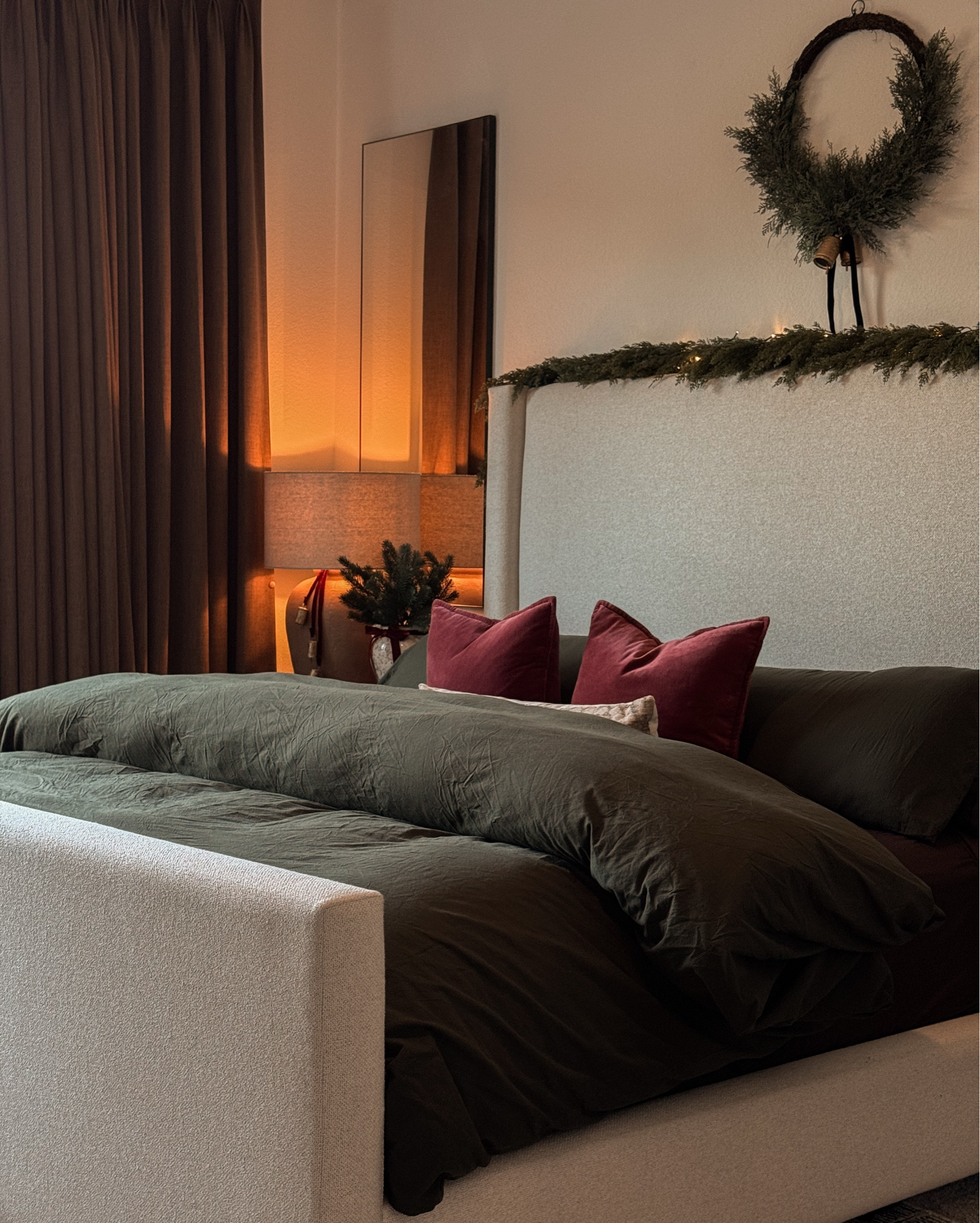 Bedroom inspo, cozy bedroom, home decor, holiday bedroom, Christmas decor, bedding, duvet insert, curtains, nightstand, bed, king bed, rug, mirror, bedroom ideas, transitional design, garland , throw pillows, lamp, table lamp, 

#LTKHoliday #LTKSeasonal #LTKHome