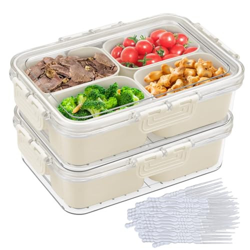 Snack Box Container, Snack Container 2Pack Snack Box with 50Pcs Clear Plastic Forks, 4 Compartments Divided Serving Tray with Lid Clear Snack Container for Veggie Fruits Snack Nuts Picnic Party Travel | Amazon (US)