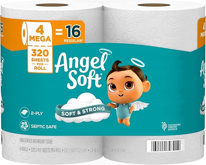 Angel Soft Toilet Paper, 4 Mega Rolls = 16 Regular Rolls, Soft and Strong Toilet Tissue | Amazon (US)