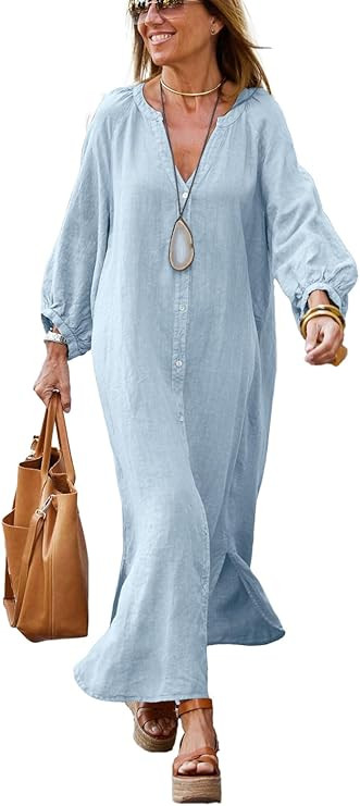 chouyatou Women Summer Long Sleeve Notch Neck Maxi Linen Shirt Dress Loose Button Down Tunic Shif... | Amazon (US)