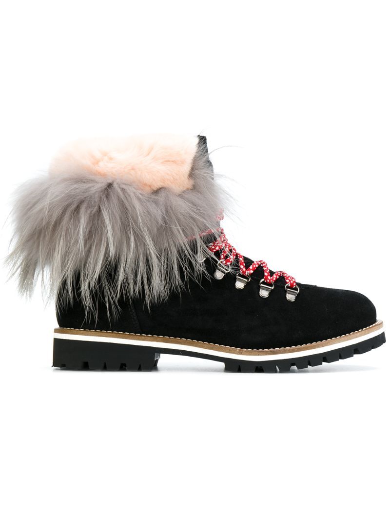 Mr & Mrs Italy - trim detail lace-up boots - women - Leather/Rabbit Fur/rubber - 39, Black, Leather/Rabbit Fur/rubber | FarFetch US