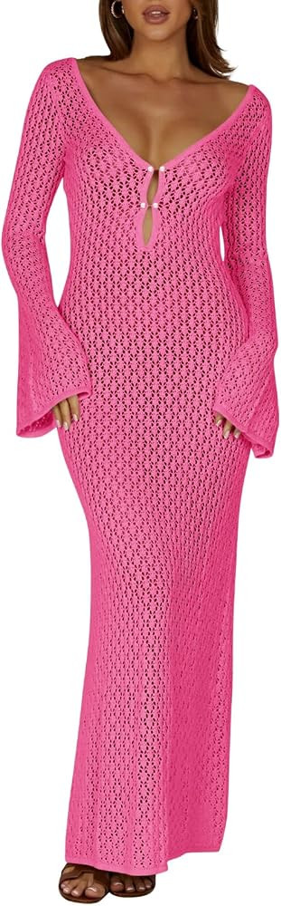 Saodimallsu Womens Crochet Maxi Cover Up Dress Beach Swim Vacation Coverups Long Sleeve Sexy Body... | Amazon (US)