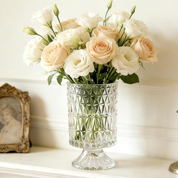 BLOFLO Embossed Glass Vase, 7'' Crystal Glass Vases, Pedestal Big Base Glass Bouquet Vase, Hydrop... | Amazon (US)