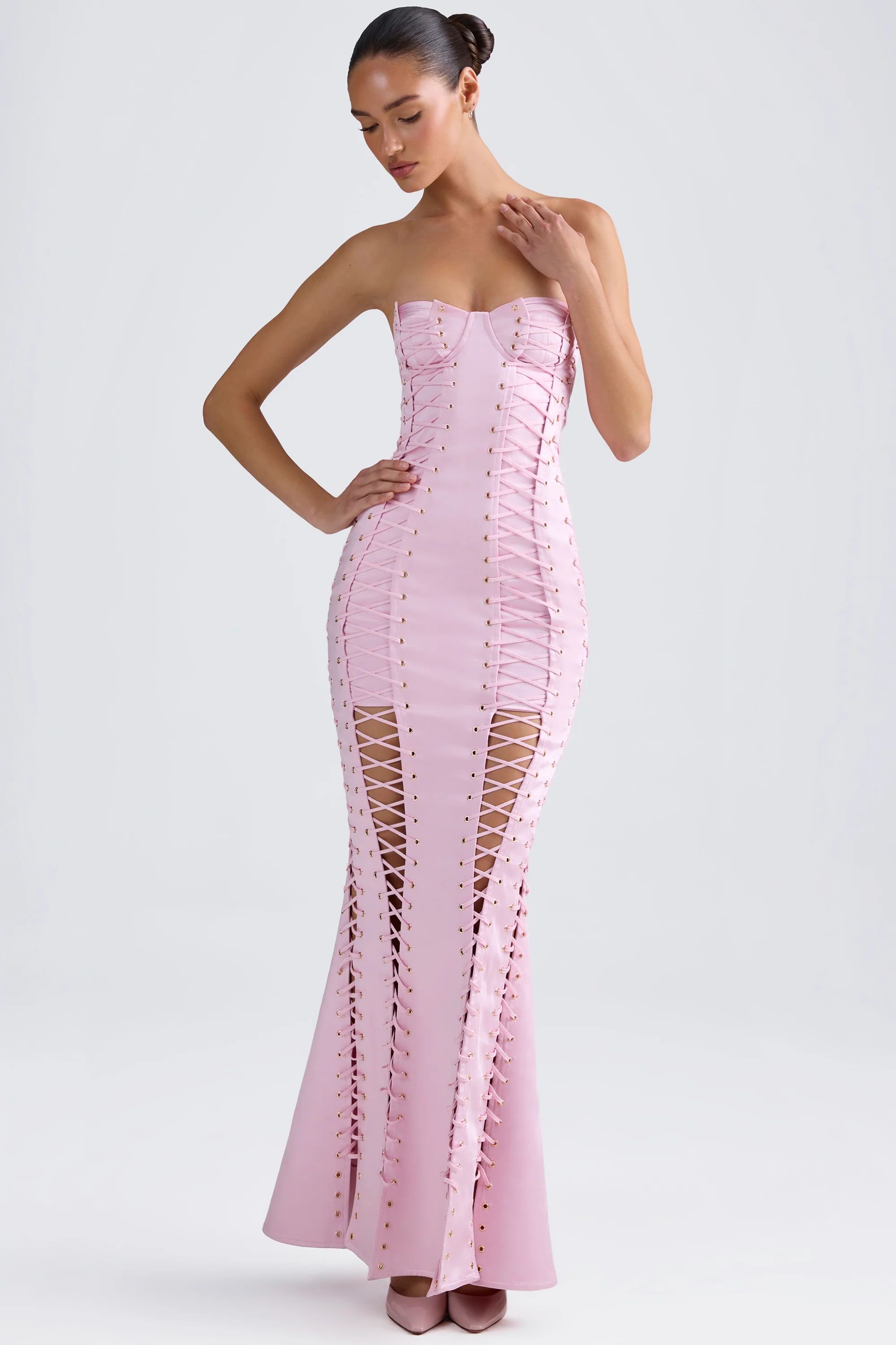 Lace-Up Corset Gown in Light Pink | Oh Polly