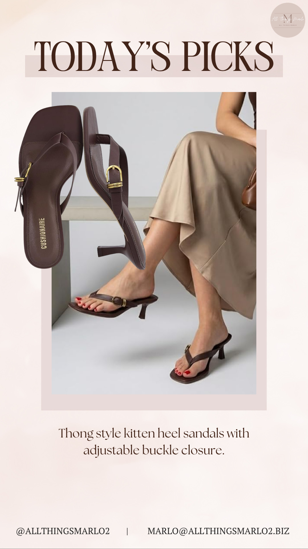 Thong style kitten heel sandals with adjustable buckle closure. 

 #LTKSeasonal #LTKWorkwear #LTKTravel
