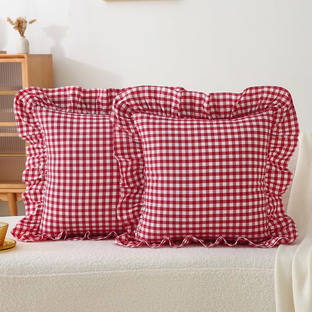 2 Pack 22 x22 inches Red/White Checkered Throw Pillow Covers 100% Washed Cotton Vintage Ruffle Tr... | Amazon (US)