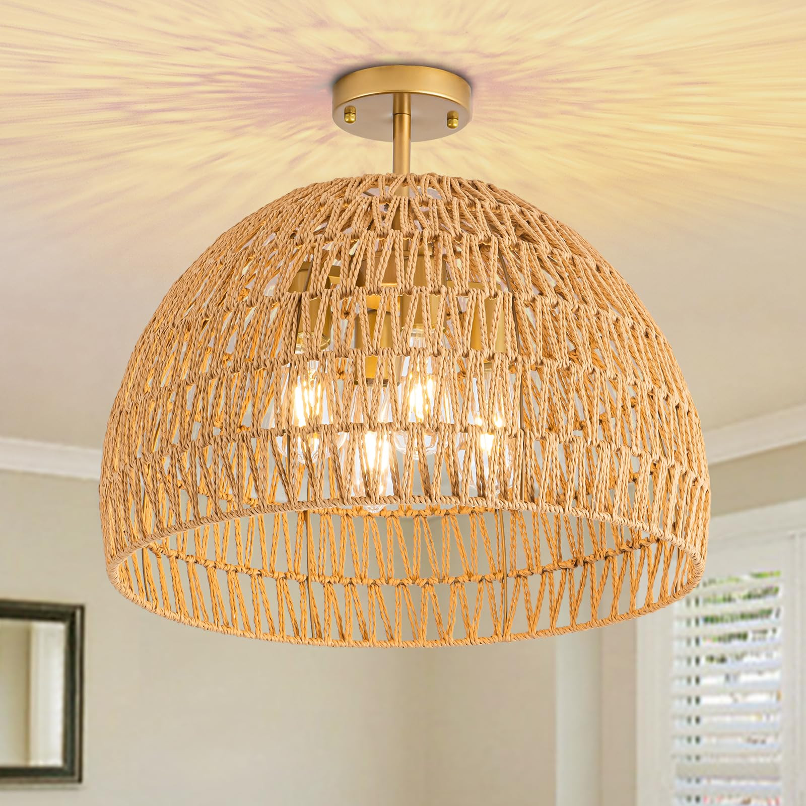 4-Light Rattan Ceiling Light, 20" Semi Flush Mount Boho Light Fixture With Hand-Woven Shade, Farm... | Amazon (US)