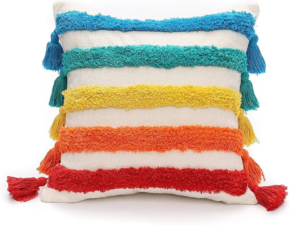 Boho Multicolor Throw Pillow Cover 18x18 Inch with Tassels, Stripe Tufted Decorative Cream Chenil... | Amazon (US)