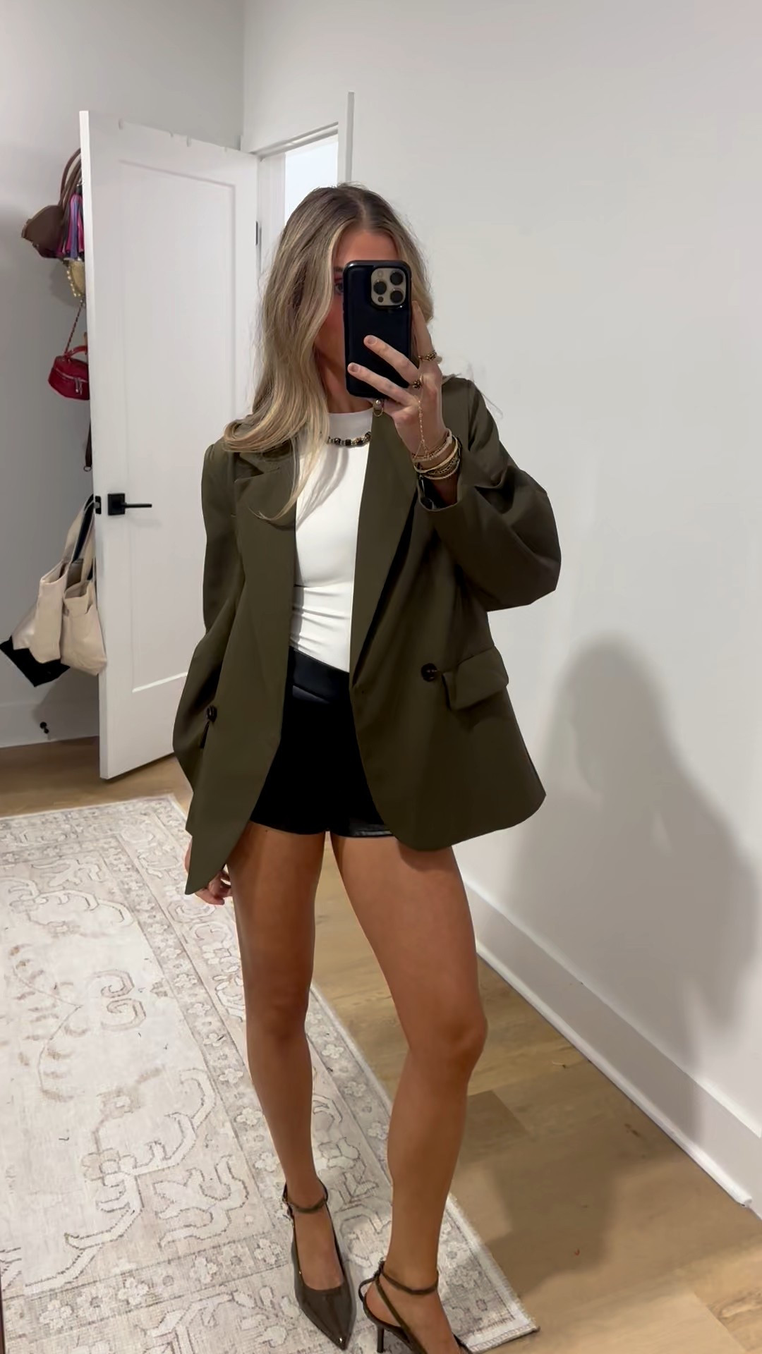Saturday night outfit. Amazon size small Grlasen Women Slit Long Sleeve Batwing Oversized Looking Button Down Solid Work Office Blazer Jacket Green. My bodysuit is from good American it’s the scuba fabric size XS. The shorts are micro faux leather shorts from revolve size XS. My shoes are new heels from amazon  

#LTKSeasonal #LTKFindsUnder100 #LTKootd