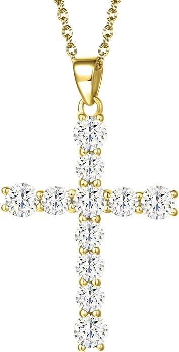 Carleen Cross Necklace For Women Yellow Gold Plated Sterling Silver Cubic Zirconia CZ Simulated D... | Amazon (US)