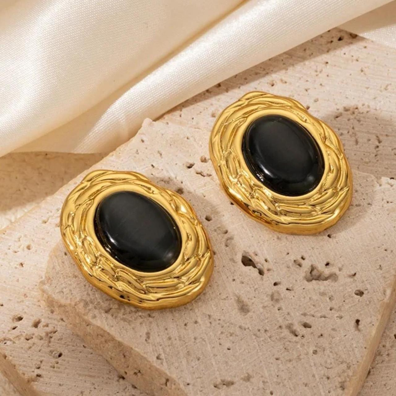 18K PVD Gold Black Oval Stud Earrings | Stainless... | Depop | Depop US