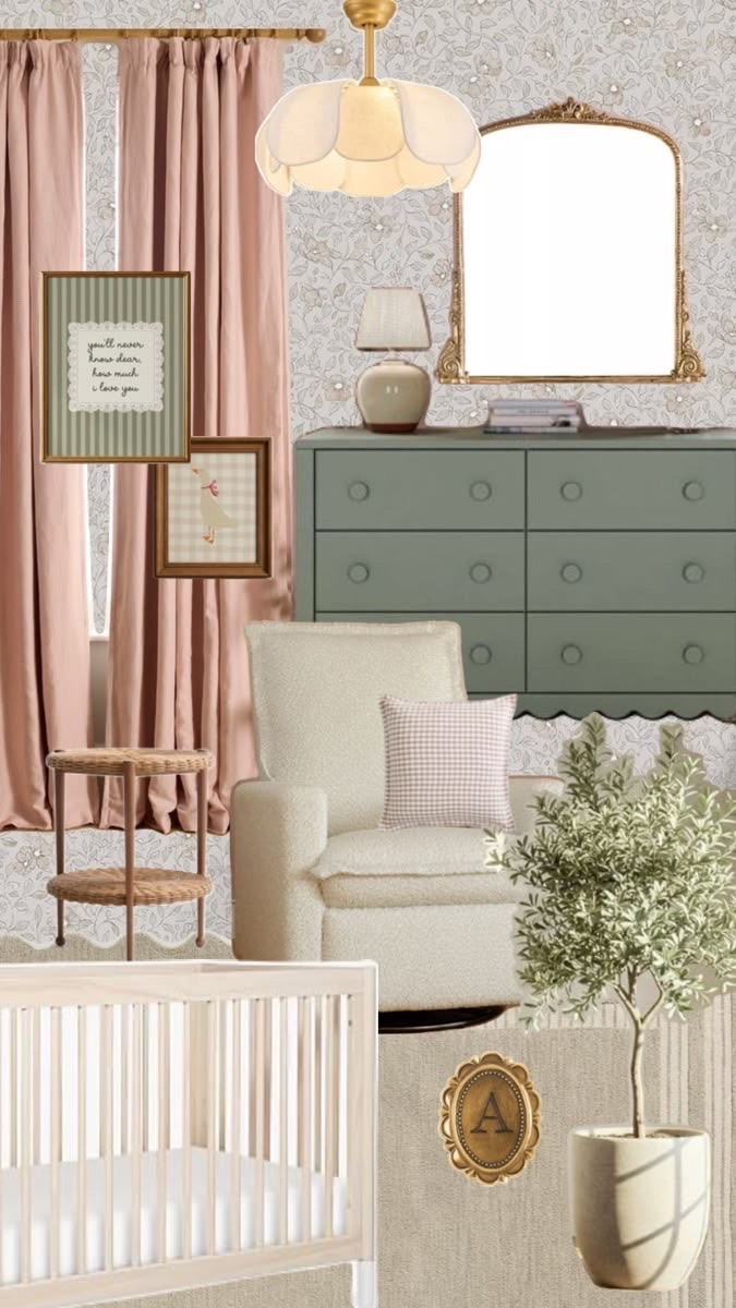 Finishing up our vintage cottage core nursery. 🤍

A romantic, storybook-inspired nursery mixing vintage charm with soft, muted tones — sage green dresser, blush pink drapery, and antique gold accents create a space that feels collected, not decorated. Cannot wait to share the reveal!

#LTKBaby #LTKHome #LTKmomlife