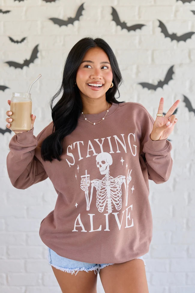Staying Alive Mocha Graphic Sweatshirt | Pink Lily