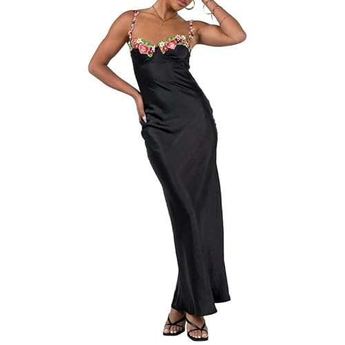 Sastianaen Women Vintage Spaghetti Strap Maxi Dress Y2k Elegant Satin Bodycon Long Dress Backless Slim Fit Dress Sexy Club Party Dress(C1-Black,M) | Amazon (US)