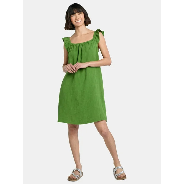 Time and Tru Women's Double Cloth Cotton Mini Dress with Flutter Sleeves, Sizes XS-XXXL | Walmart (US)