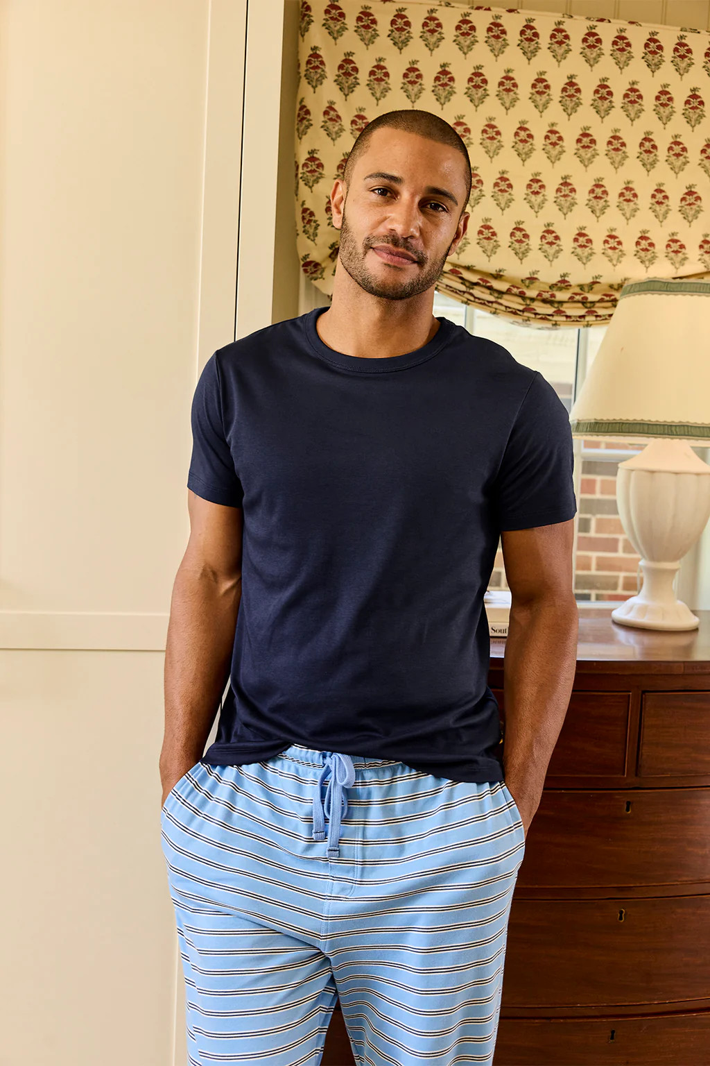 Men's Pima Sleep Short-Long Set in Oxford Blue Triple Stripe | Lake Pajamas