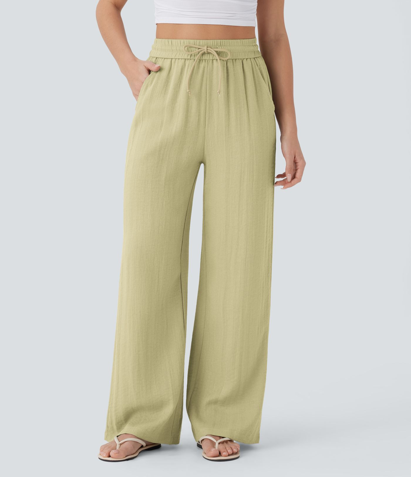 Women’s High Waisted Drawstring Pocket Wide Leg Casual Linen-Feel Trousers - Halara | Halara UK