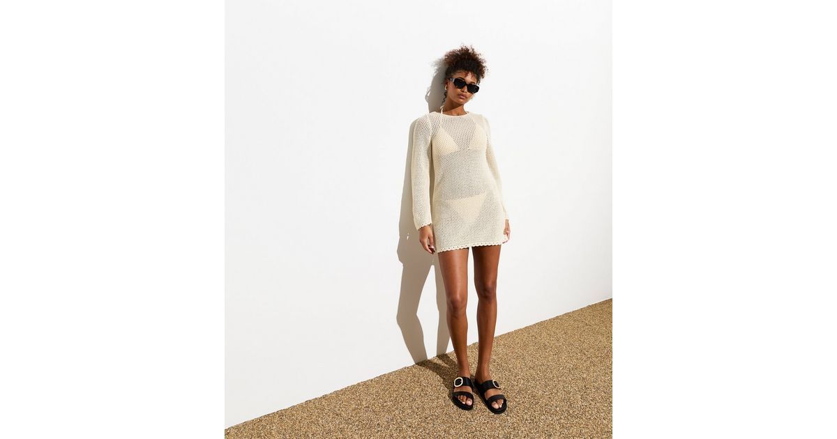 Cream Crochet Long Sleeve Beach Dress | New Look | New Look (UK)