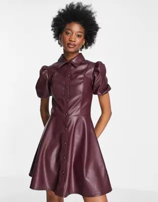 Miss Selfridge faux leather button through shirt dress in burgundy | ASOS (Global)