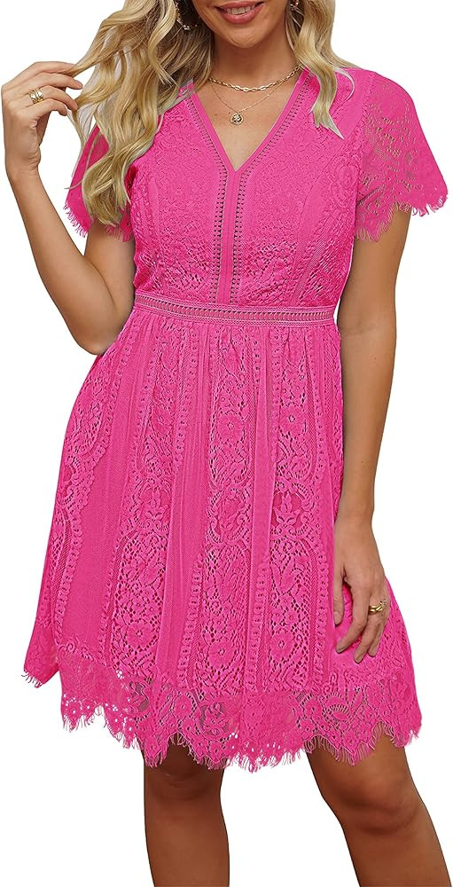 MEROKEETY Women's V Neck Floral Lace Wedding Dress Short Sleeve Cocktail Party Dress | Amazon (US)