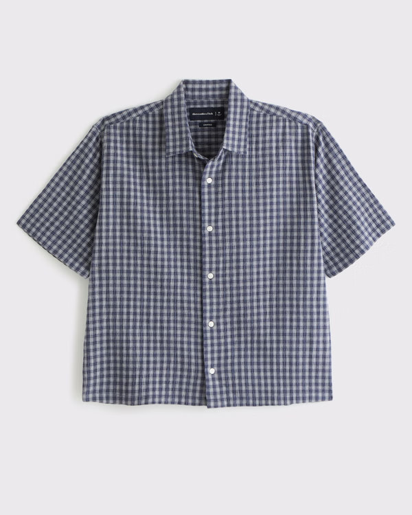 Men's Short-Sleeve Cropped Textural Plaid Button-Up Shirt | Men's Tops | Abercrombie.com | Abercrombie & Fitch (UK)