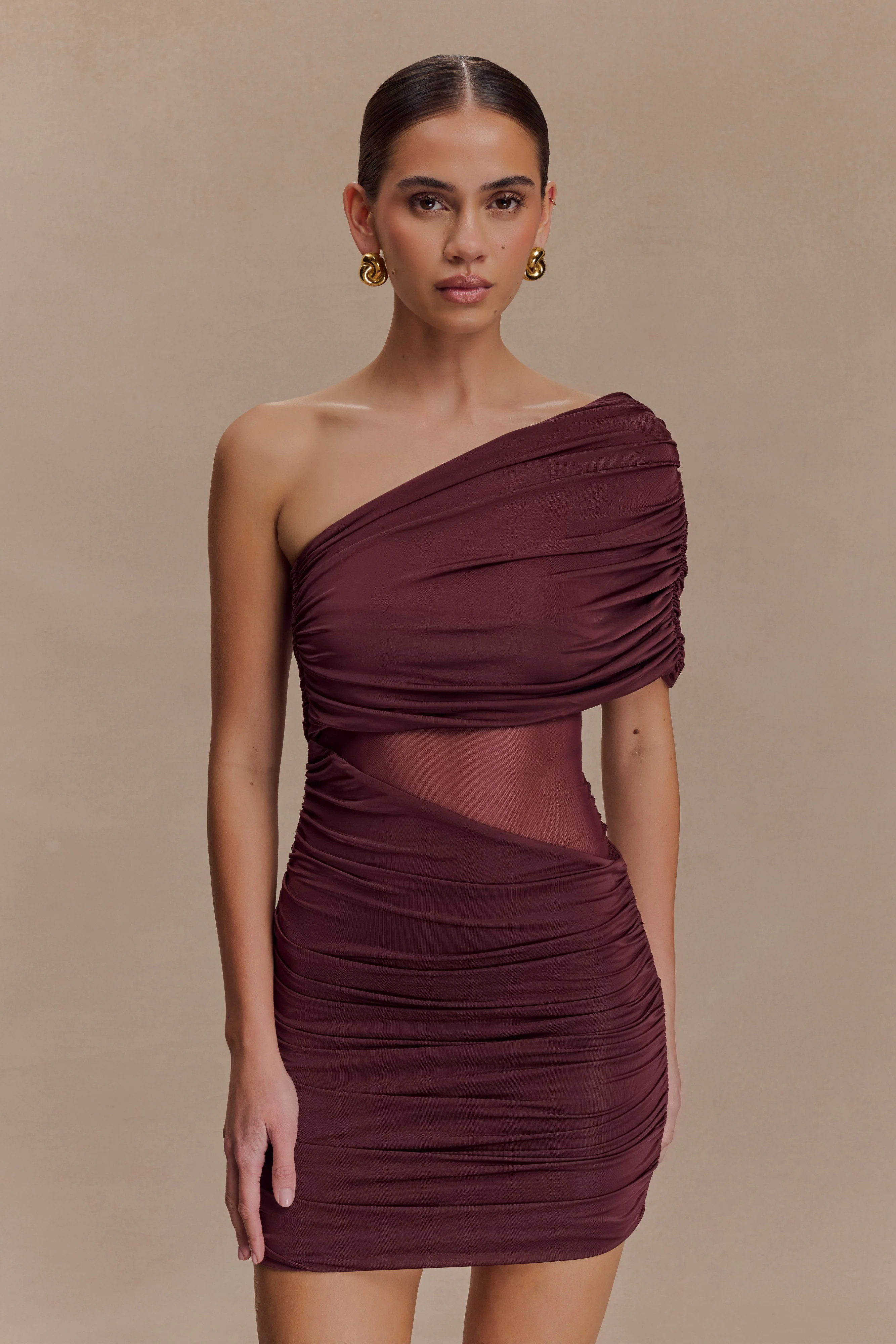 Dallas One Shoulder Mesh Mini Dress - Mahogany | MESHKI US
