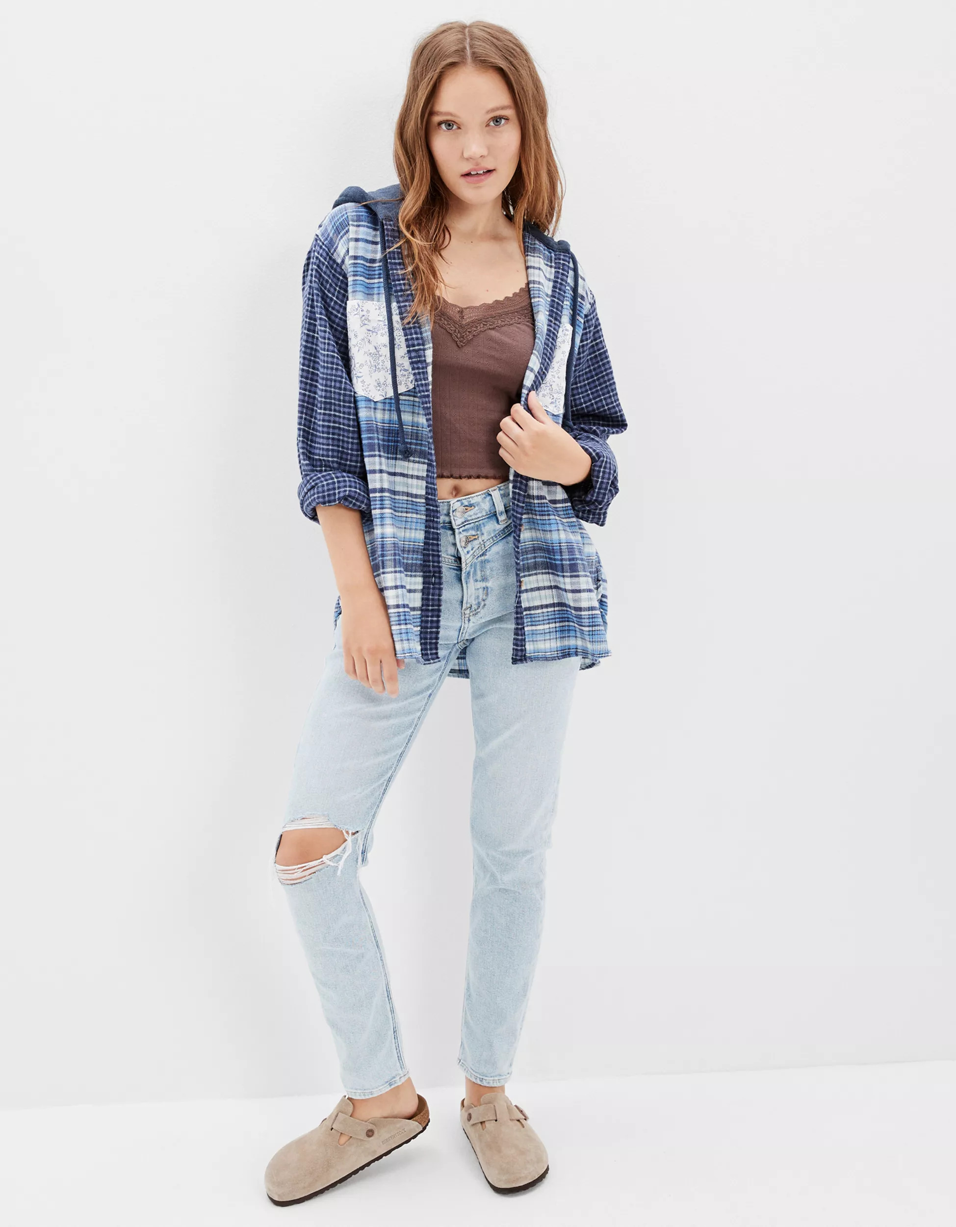 AE Oversized Mixed Plaid Flannel Hoodie | American Eagle Outfitters (US & CA)