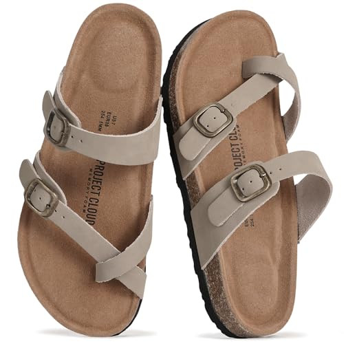 Project Cloud 100% Genuine Leather Womens Sandals -Lightweight Womens Slides Memory Foam Insole & Cork Footbed Sandals Women - Non-Slip Beach Essentials Summer Sandals for Women 2026, BEIGLEA,9W | Amazon (US)