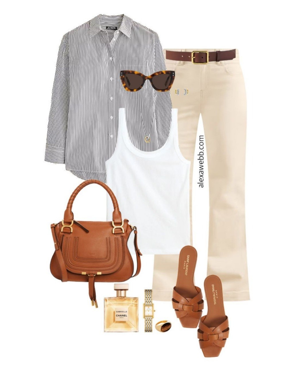 Plus Size Early Fall Coastal Outfit - A plus size casual outfit with a coastal vibe. The Coastal Grandmother trend is a classic aesthetic to me. Plus size natural flare jeans, white tank top, and a navy striped shirt with designer tan sandals and a designer bag. Alexa Webb #plussize

#LTKPlusSize #LTKStyleTip #LTKSeasonal