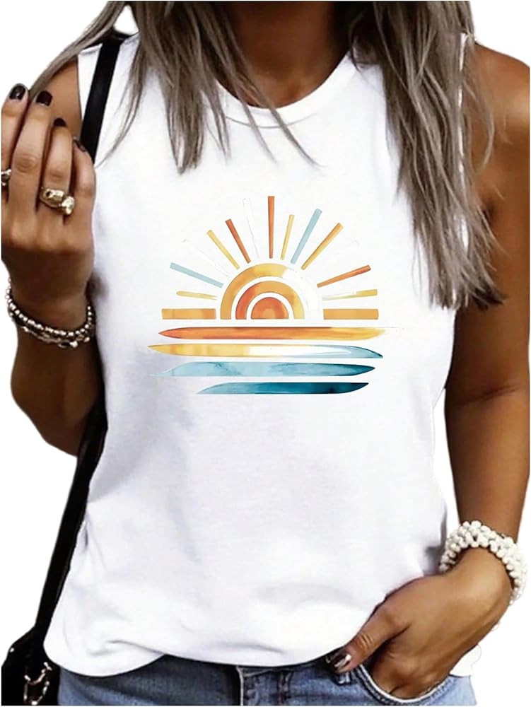 SweatyRocks Women's Sleeveless Graphic Tank Top Casual Sunset Print Crew Neck Summer Tops | Amazon (US)