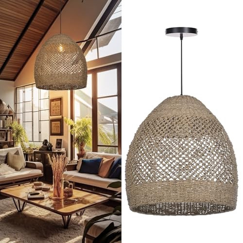 Arturesthome 19.6" Retro Rattan Woven Pendant Light Fixture, Chandelier with Lamp Shade Light Cover, Hanging Lighting for Kitchen Dining Room Foyer | Amazon (US)