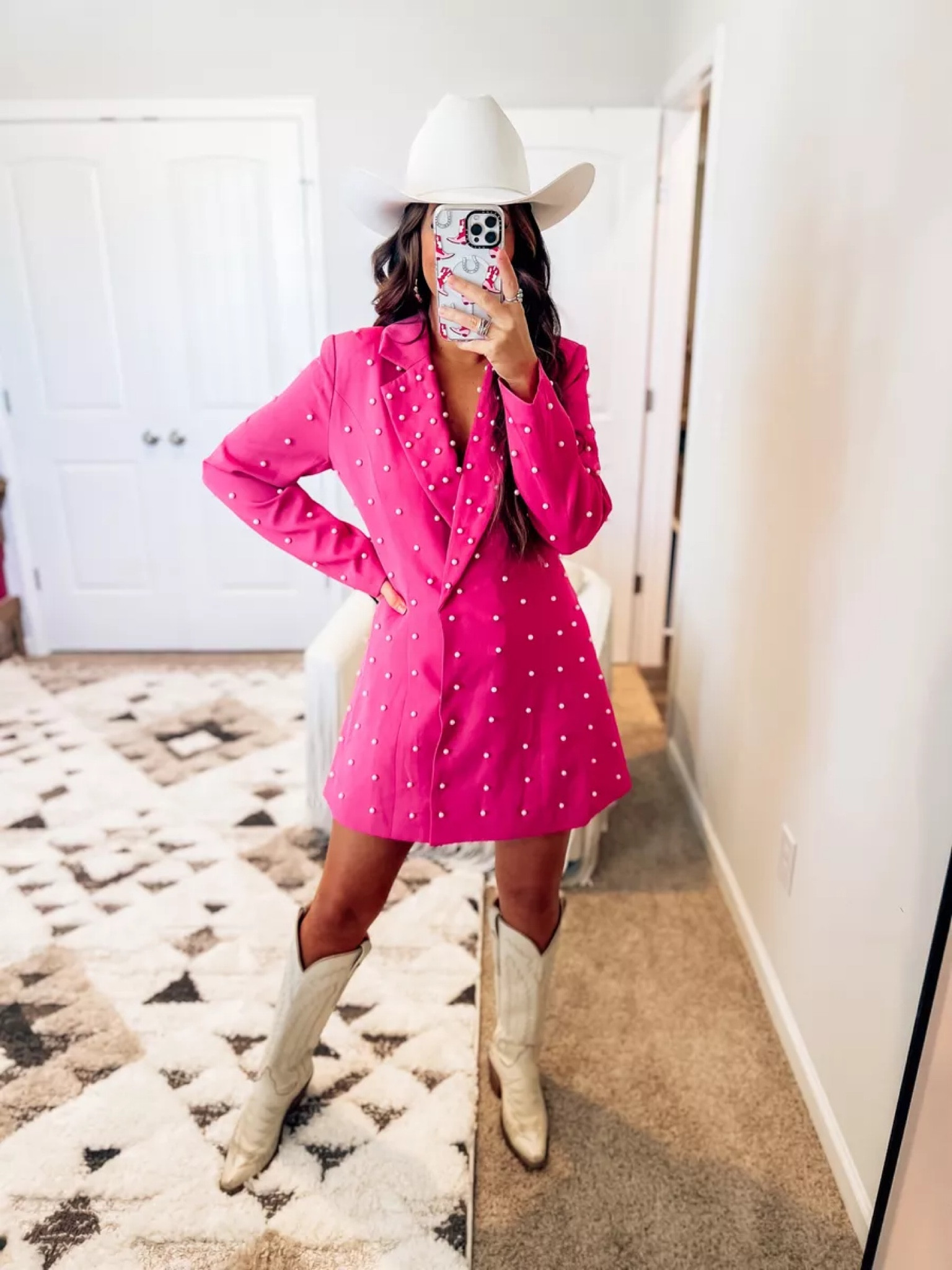 pink blazer dress with boots
