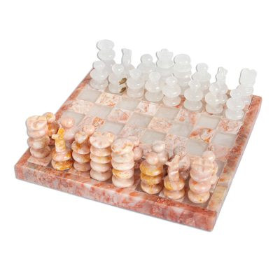Onyx and Marble Chess Set in Pink and Ivory from Mexico | NOVICA