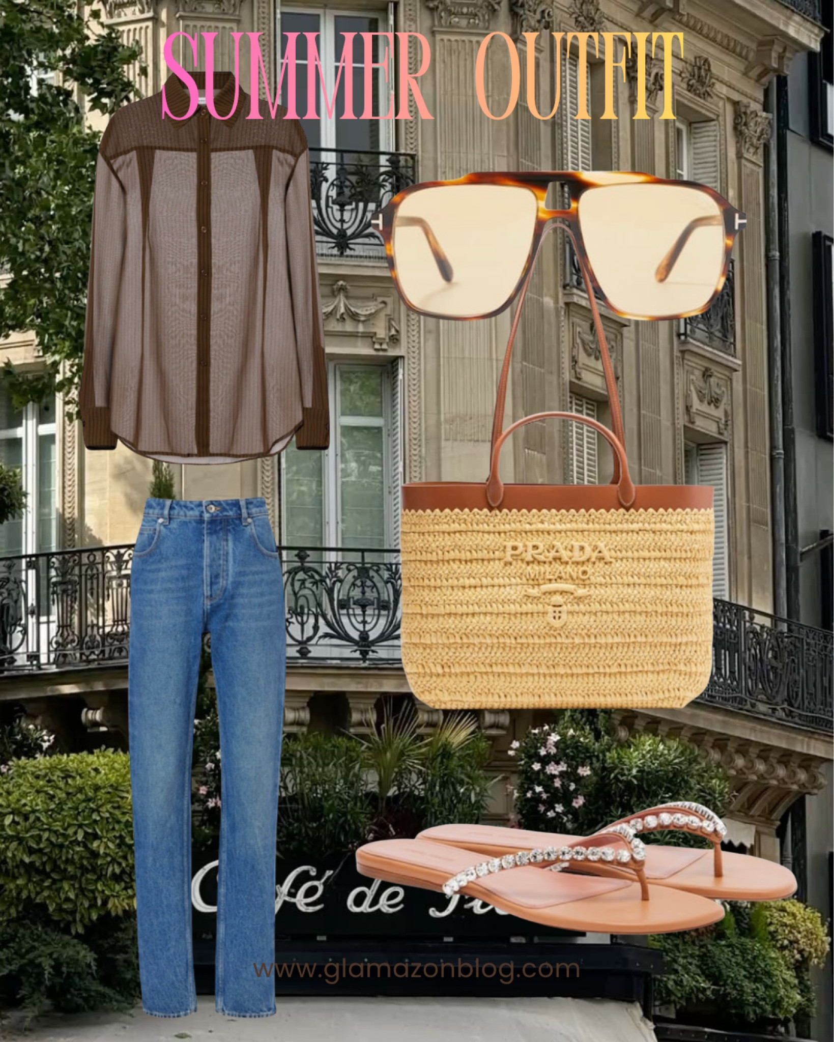 Sheer shirt, Tom Ford sunglasses, basket bag, prada bag, high waisted jeans, flip flops, summer outfit, travel outfit, Mytheresa 

#LTKeurope #LTKspring #LTKuk