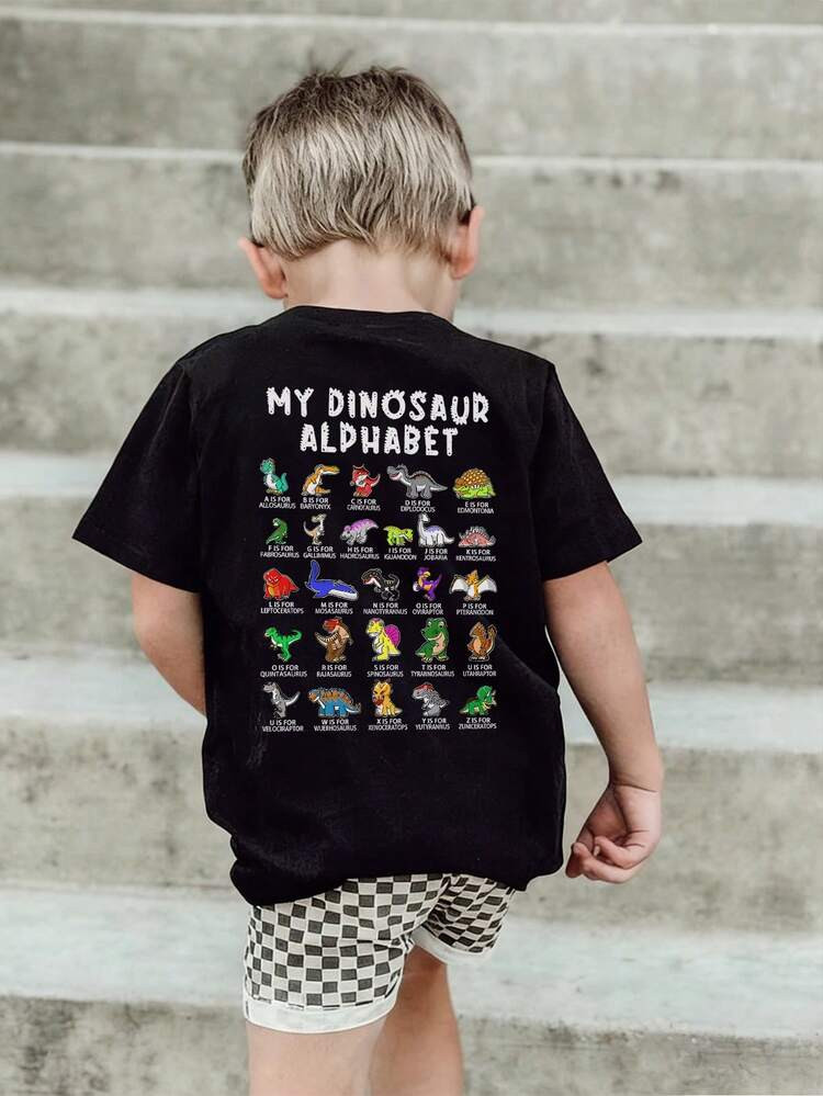 1pc Young Boy Casual Dinosaur & Letter Print Round Neck Short Sleeve T-Shirt, Summer Student Young Children - The Dinosaur Alphabet Print T-Shirt Brings Joy And Happiness To Every Child! | SHEIN