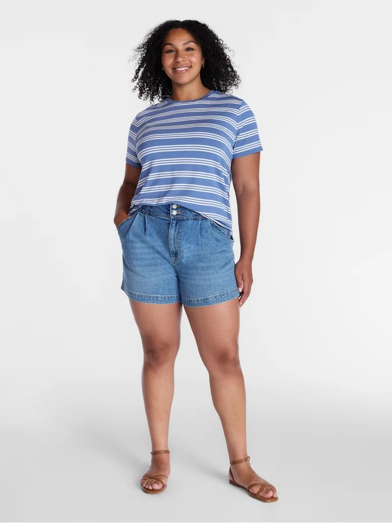 Time and Tru Women's High Rise Pleated Denim Shorts, 4.5" Inseam, Sizes 0-20 | Walmart (US)
