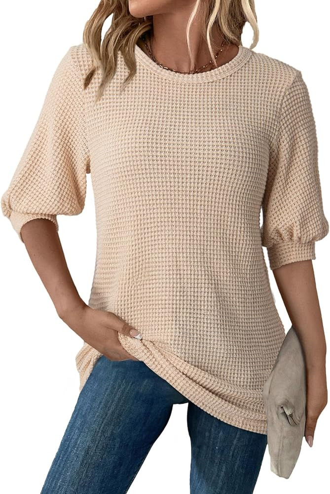 Dokotoo Womens Summer Tops 2025 Casual Crewneck Short Lantern Sleeve Blouse Waffle Knit Pullover ... | Amazon (US)