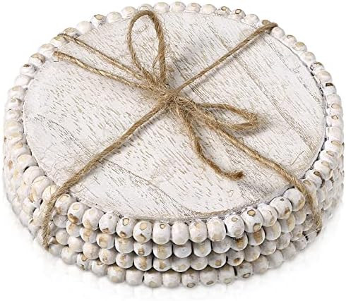 4 Pieces Wood Beaded Coasters 3.9 Inch Round Rustic Farmhouse Coasters Wooden Coasters for Drinks De | Amazon (US)