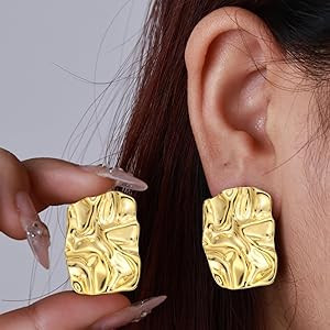 Geometric Rectangle Gold Stud Earrings Irregular Hammered Chunky Statement Square Earrings for Wo... | Amazon (US)