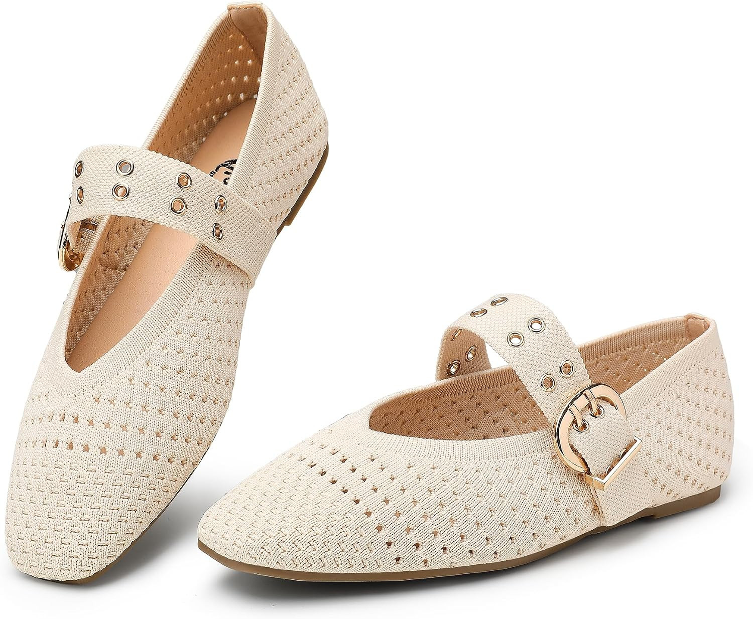 Trary Knit Flats for Women Square Toe Ballet Flats with Buckle Straps Mary Jane Shoes Women Comfortable Casual Dress Shoes for Work Daily Wear | Amazon (US)