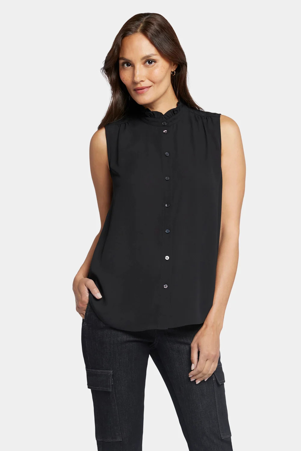 Sleeveless Ruffle Neck Blouse - Black | NYDJ