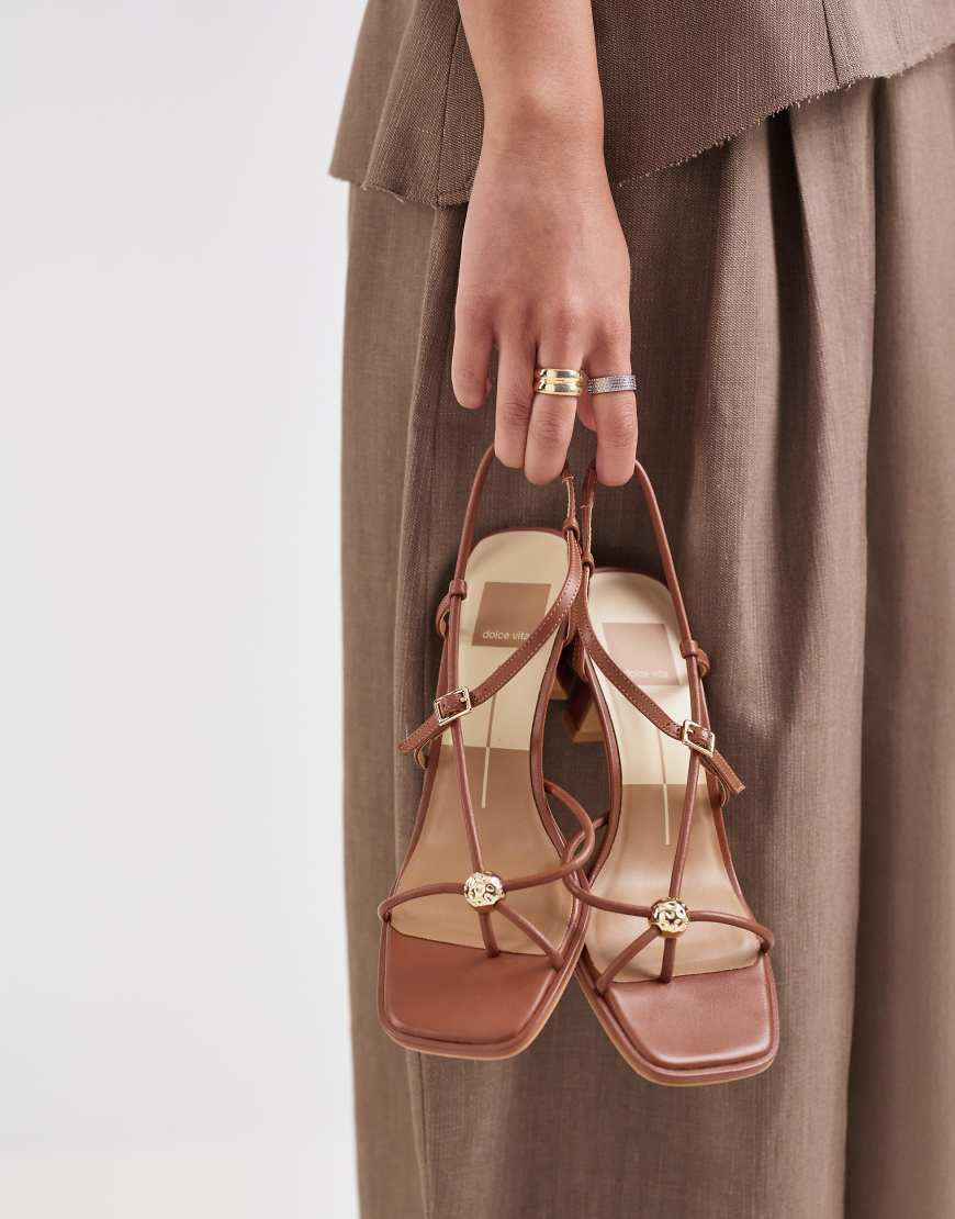 Dolce Vita Mylee strappy mid heel sandals with gold hardware in tan leather-Brown | ASOS (Global)