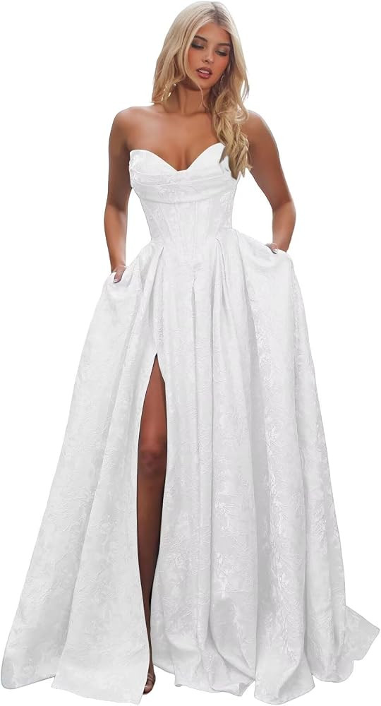 Strapless Sequin Prom Dresses Long with Slit Corset Satin Formal Party Dress AS015 | Amazon (US)